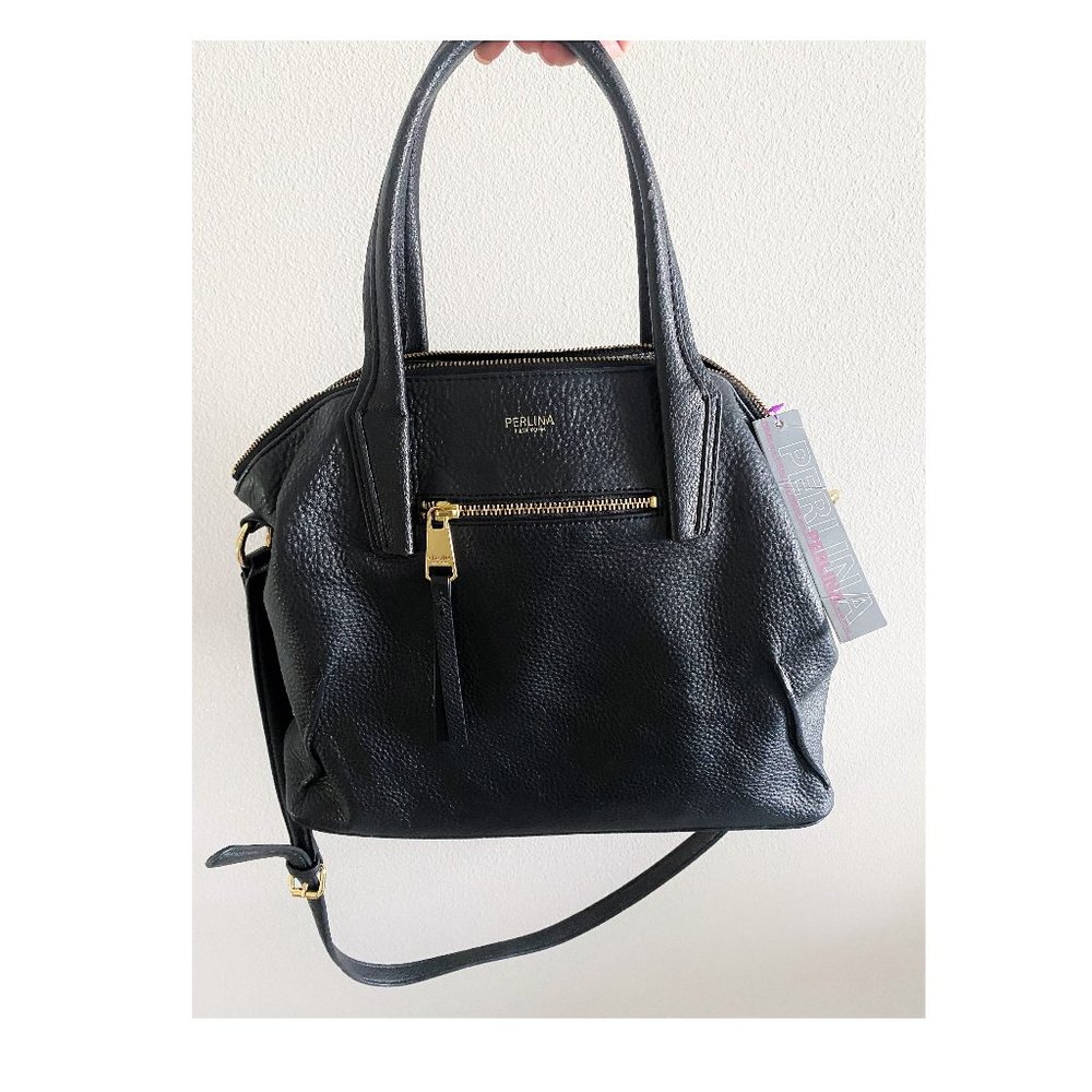 Perlina Mackenzie Zip Top Black Pebbled Leather Shoulder Tote Handbag